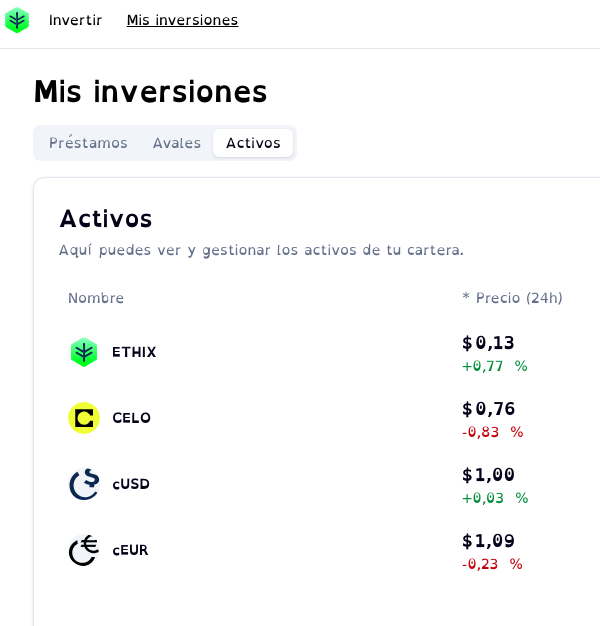 Captura de pantalla de la plataforma de la sección Activos, dentro de Mis inversiones