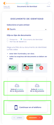 Captura de pantalla donde se inserta la imagen del documento de identidad desde el ordenador como fichero o seguir con una foto desde el móvil